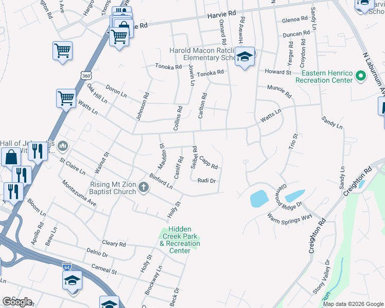 map of restaurants, bars, coffee shops, grocery stores, and more near 2822 Seibel Rd in Richmond