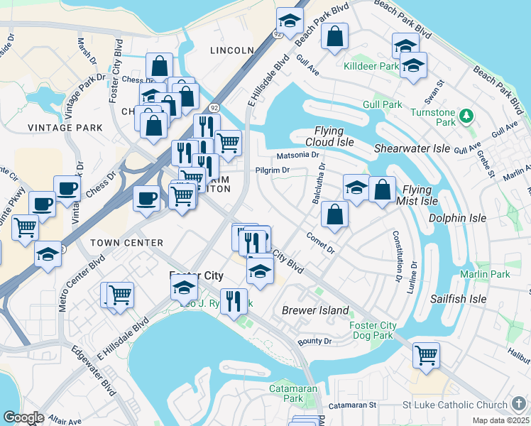 map of restaurants, bars, coffee shops, grocery stores, and more near 5105 Admiralty Lane in Foster City