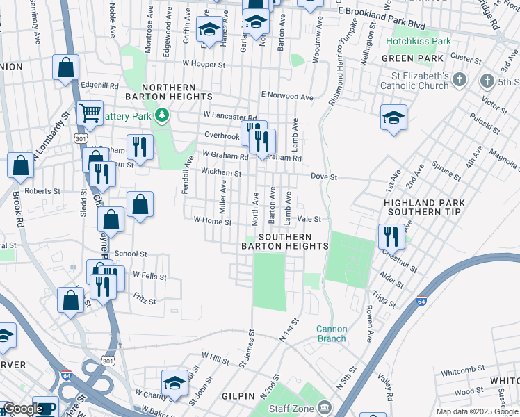 map of restaurants, bars, coffee shops, grocery stores, and more near 2021 North Avenue in Richmond