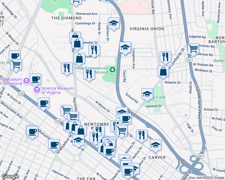 map of restaurants, bars, coffee shops, grocery stores, and more near 1846 Botetourt Street in Richmond