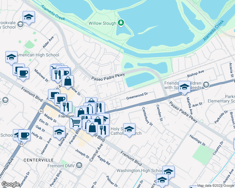 map of restaurants, bars, coffee shops, grocery stores, and more near 37391 Sequoia Road in Fremont