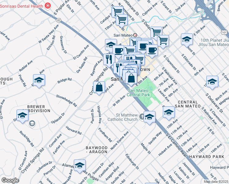 map of restaurants, bars, coffee shops, grocery stores, and more near 46 West 4th Avenue in San Mateo