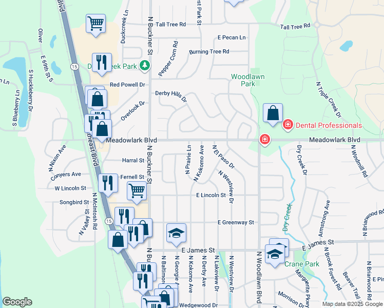 map of restaurants, bars, coffee shops, grocery stores, and more near 1436 North Prairie Lane in Derby