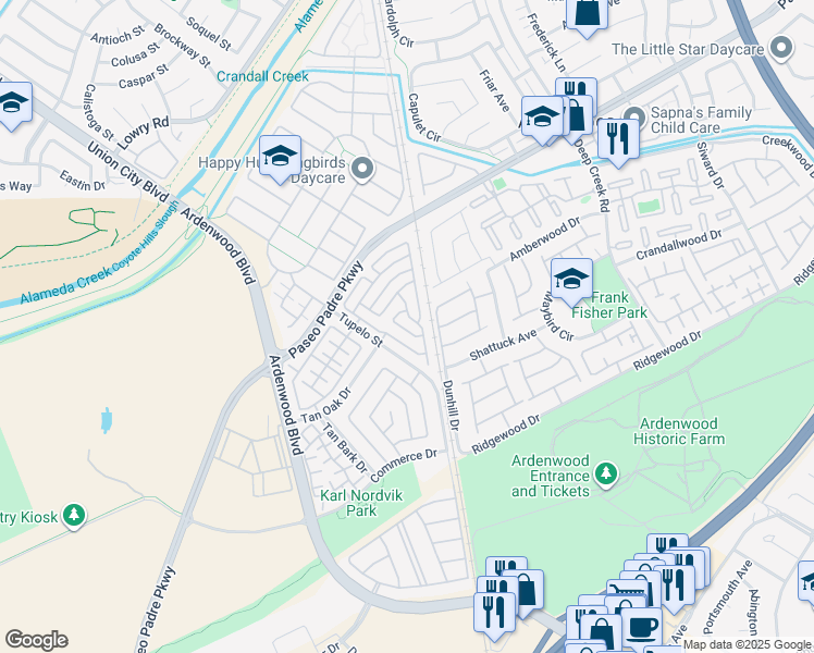 map of restaurants, bars, coffee shops, grocery stores, and more near 34198 Tony Terrace in Fremont