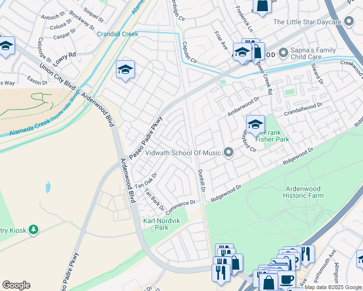 map of restaurants, bars, coffee shops, grocery stores, and more near 34198 Tony Terrace in Fremont