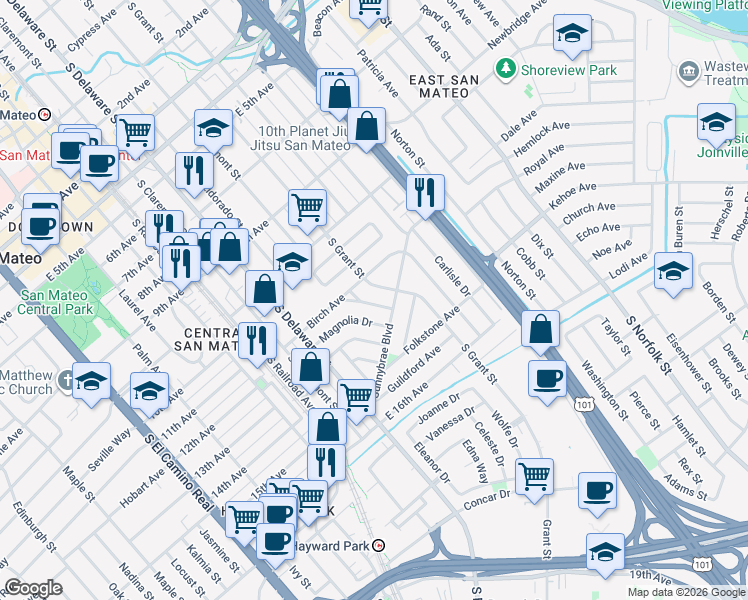 map of restaurants, bars, coffee shops, grocery stores, and more near 1131 Hawthorne Drive in San Mateo