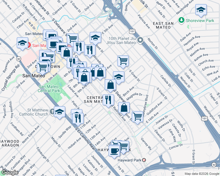 map of restaurants, bars, coffee shops, grocery stores, and more near 1006 South Delaware Street in San Mateo
