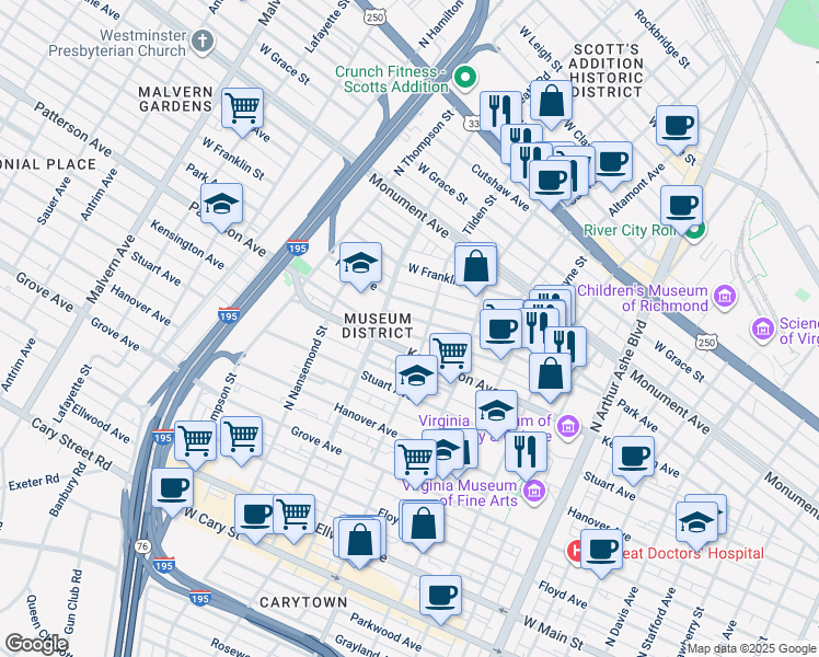 map of restaurants, bars, coffee shops, grocery stores, and more near 3314 Patterson Avenue in Richmond