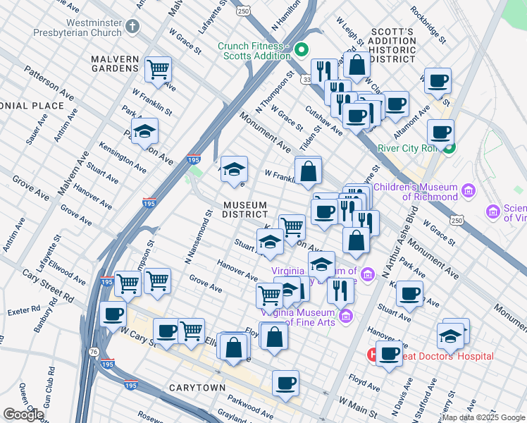 map of restaurants, bars, coffee shops, grocery stores, and more near 3318 Patterson Avenue in Richmond