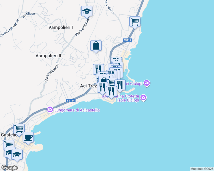 map of restaurants, bars, coffee shops, grocery stores, and more near 4 Piazza delle Scuole in Aci Castello