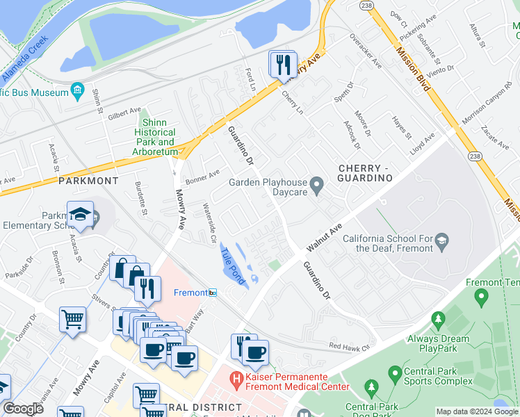 map of restaurants, bars, coffee shops, grocery stores, and more near 38831 Tyson Lane in Fremont