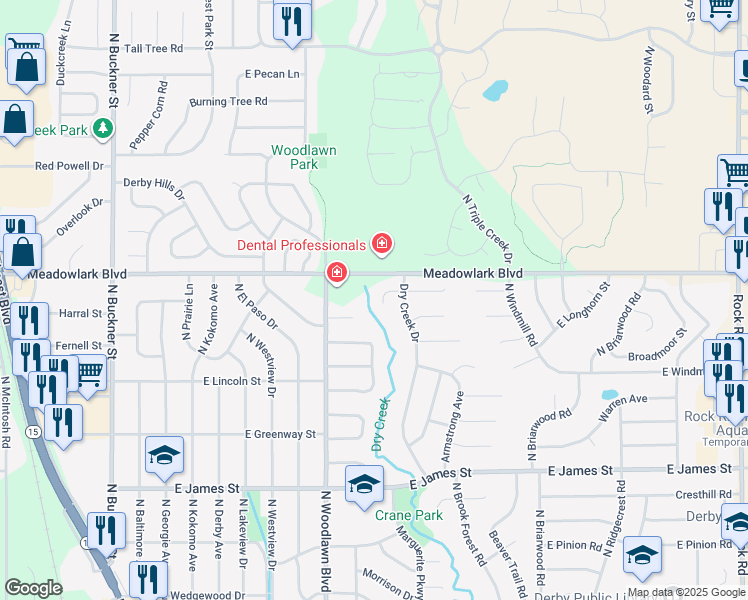 map of restaurants, bars, coffee shops, grocery stores, and more near 1433 Dry Creek Court in Derby