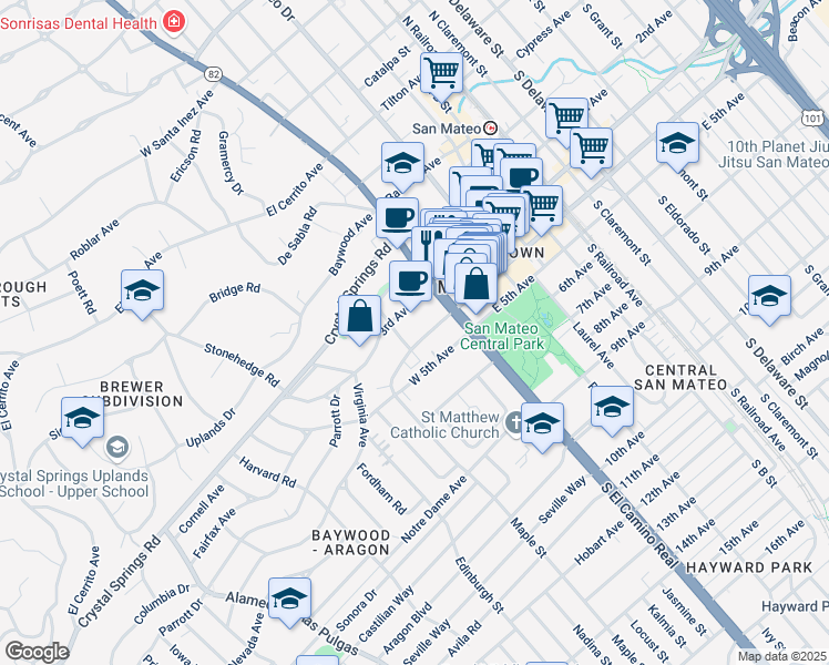 map of restaurants, bars, coffee shops, grocery stores, and more near 46 West 4th Avenue in San Mateo