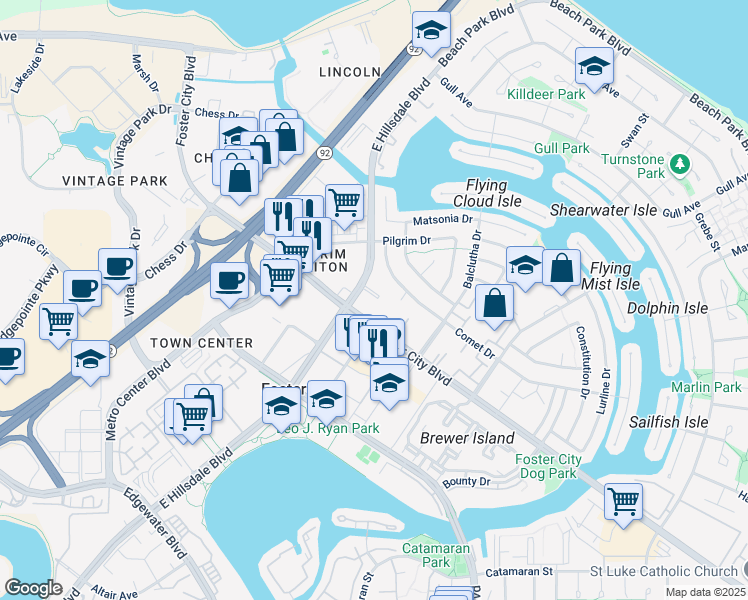 map of restaurants, bars, coffee shops, grocery stores, and more near 1103 Admiralty Lane in Foster City