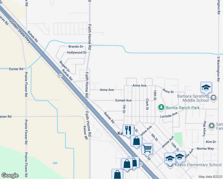 map of restaurants, bars, coffee shops, grocery stores, and more near 4105 Anna Avenue in Keyes