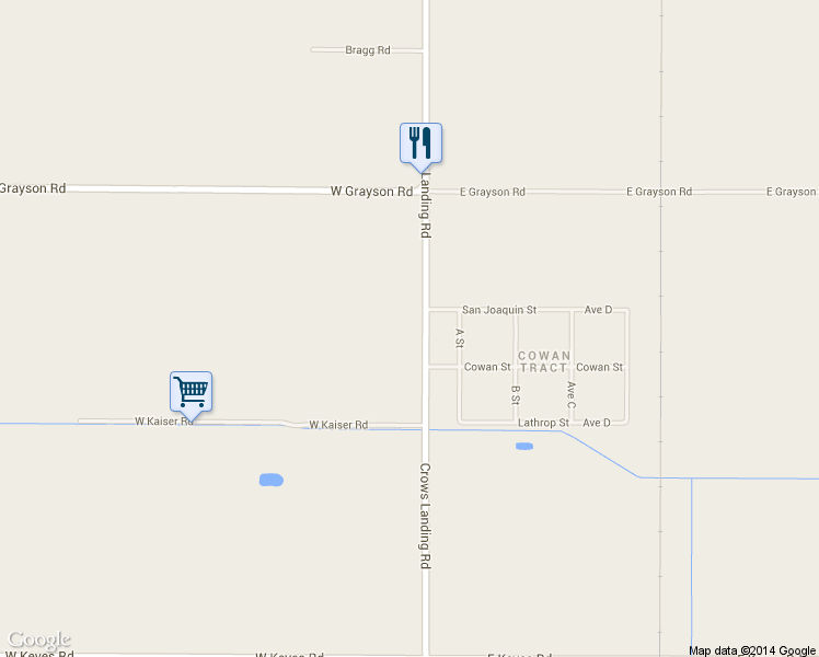 map of restaurants, bars, coffee shops, grocery stores, and more near 5237 Crows Landing Road in Modesto