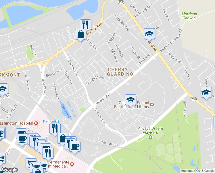 map of restaurants, bars, coffee shops, grocery stores, and more near 953 Cherry Glen Circle in Fremont