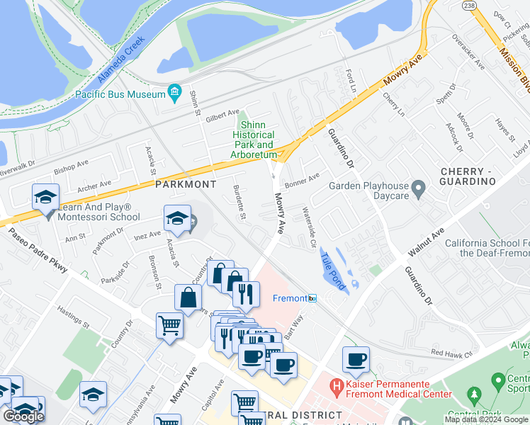 map of restaurants, bars, coffee shops, grocery stores, and more near 38508 Mary Terrace in Fremont