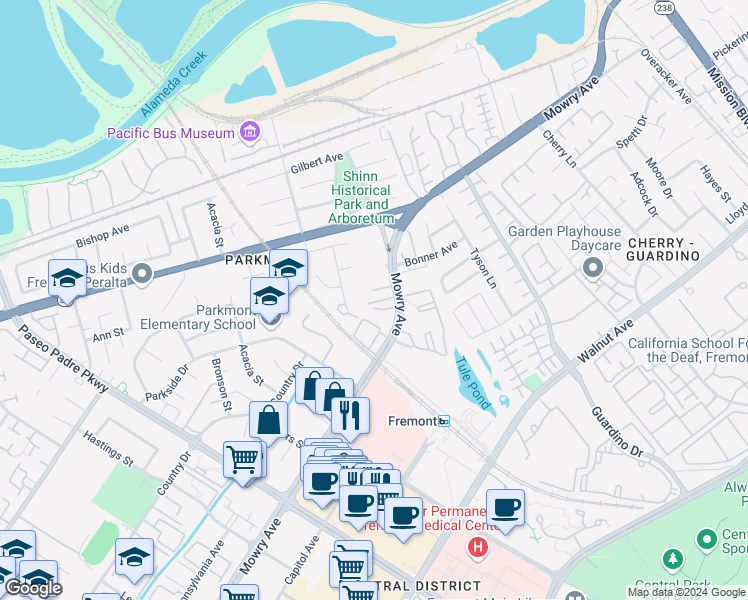 map of restaurants, bars, coffee shops, grocery stores, and more near 38401 Mary Terrace in Fremont