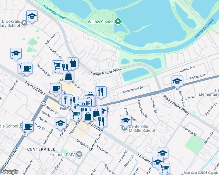 map of restaurants, bars, coffee shops, grocery stores, and more near 37391 Sequoia Road in Fremont