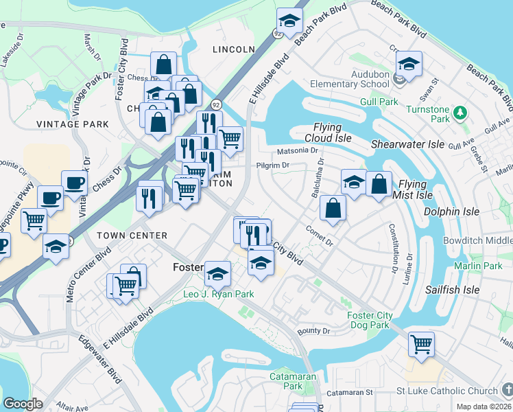 map of restaurants, bars, coffee shops, grocery stores, and more near 1103 Admiralty Lane in Foster City