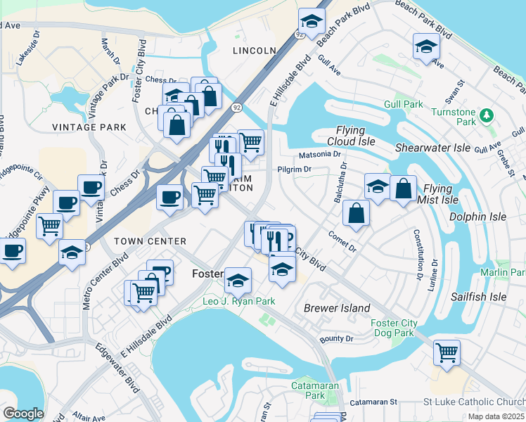 map of restaurants, bars, coffee shops, grocery stores, and more near 1103 Admiralty Lane in Foster City