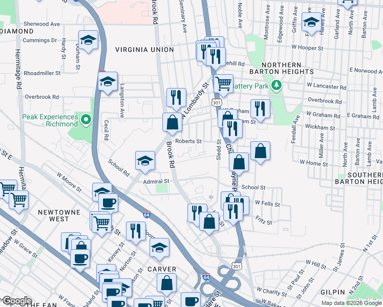 map of restaurants, bars, coffee shops, grocery stores, and more near 1221 West Roberts Street in Richmond