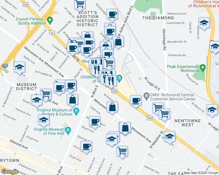 map of restaurants, bars, coffee shops, grocery stores, and more near 2727 West Broad Street in Richmond