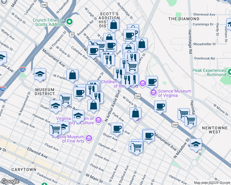 map of restaurants, bars, coffee shops, grocery stores, and more near 803 North Arthur Ashe Boulevard in Richmond