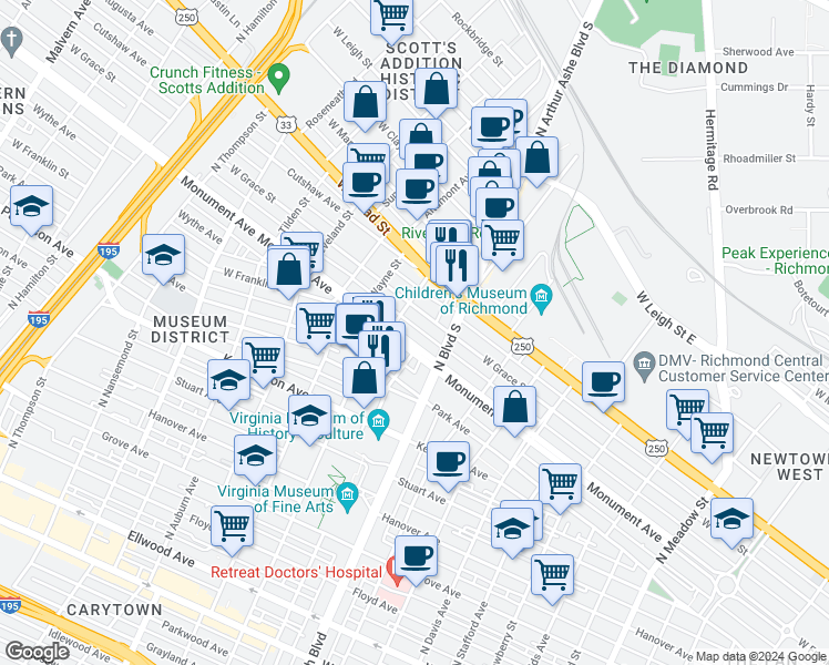 map of restaurants, bars, coffee shops, grocery stores, and more near 2816 Monument Avenue in Richmond