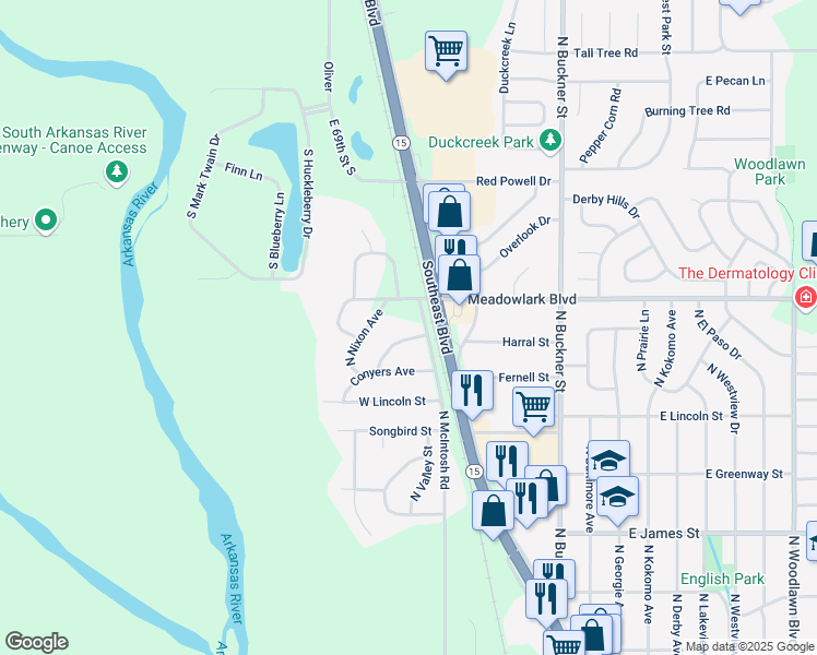 map of restaurants, bars, coffee shops, grocery stores, and more near 414 W Mahoney Dr in Derby