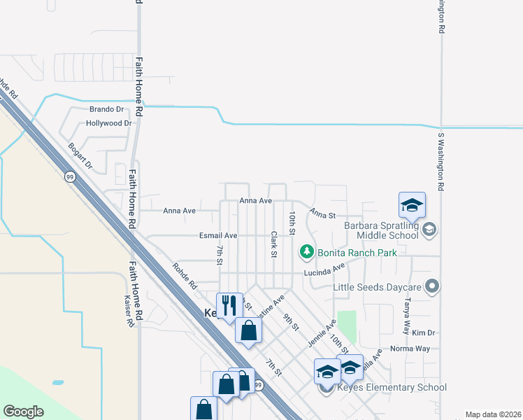 map of restaurants, bars, coffee shops, grocery stores, and more near 5213 9th Street in Keyes
