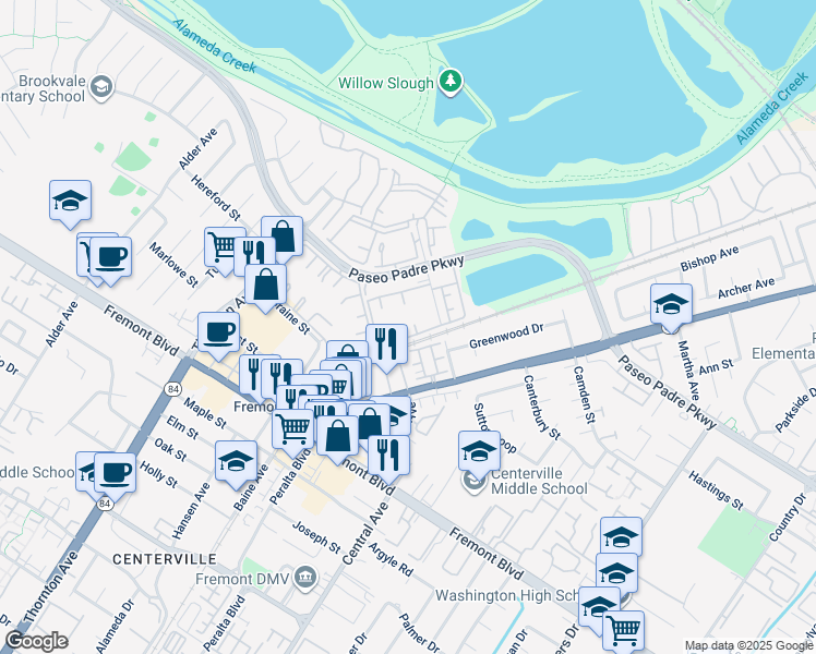 map of restaurants, bars, coffee shops, grocery stores, and more near 3400 Foxtail Terrace in Fremont