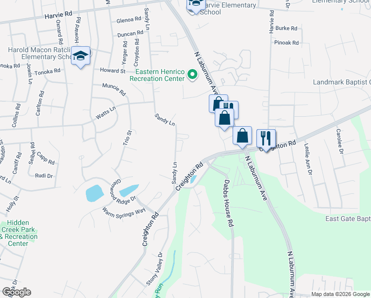 map of restaurants, bars, coffee shops, grocery stores, and more near 2803 Sandy Lane in Richmond