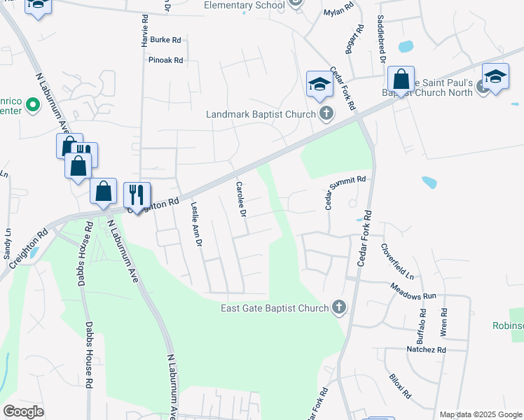 map of restaurants, bars, coffee shops, grocery stores, and more near 3816 Korth Lane in Richmond