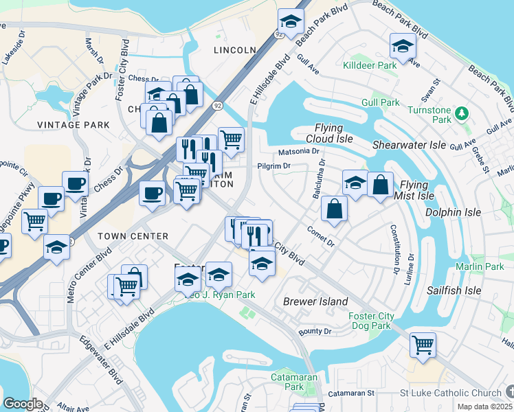 map of restaurants, bars, coffee shops, grocery stores, and more near 1103 Admiralty Lane in Foster City
