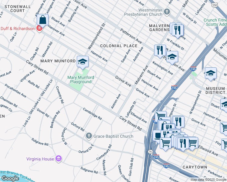 map of restaurants, bars, coffee shops, grocery stores, and more near 4203 Kingcrest Parkway in Richmond