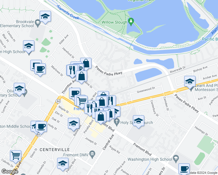 map of restaurants, bars, coffee shops, grocery stores, and more near 3507 Buttonwood Terrace in Fremont