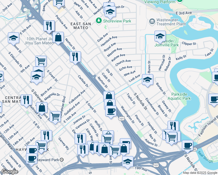 map of restaurants, bars, coffee shops, grocery stores, and more near 1601 Norton Street in San Mateo