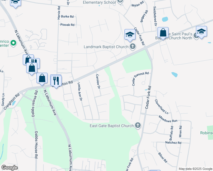 map of restaurants, bars, coffee shops, grocery stores, and more near 3816 Korth Lane in Richmond