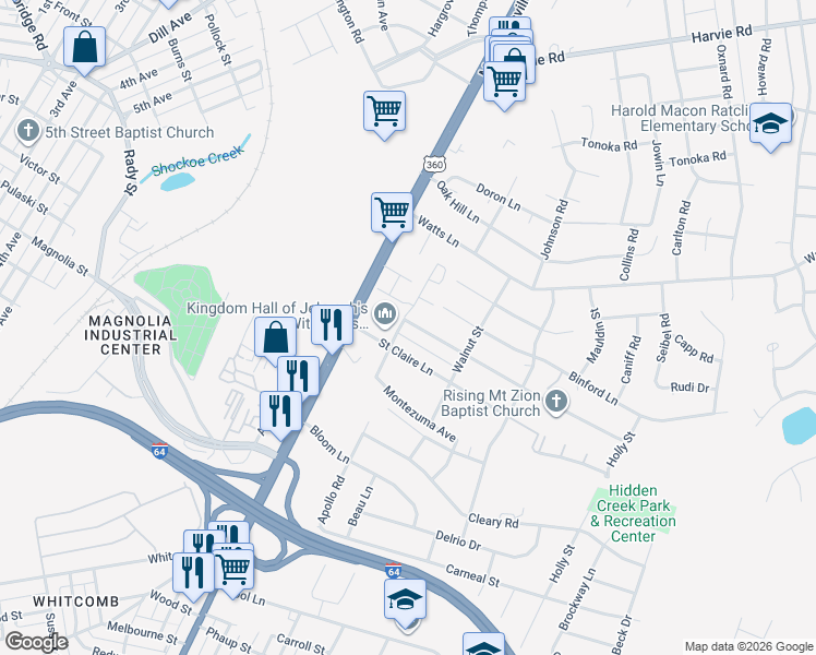 map of restaurants, bars, coffee shops, grocery stores, and more near 1801 Elkridge Lane in Richmond