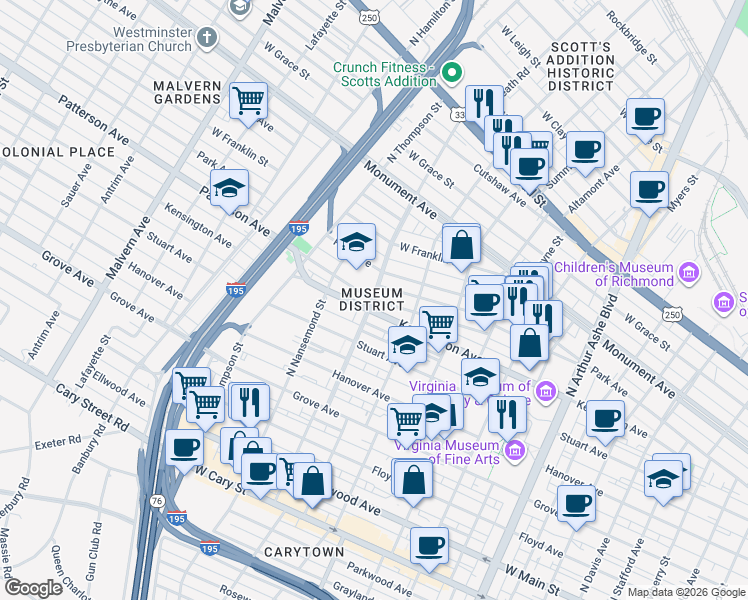 map of restaurants, bars, coffee shops, grocery stores, and more near Roseneath Rd & Patterson Ave in Richmond