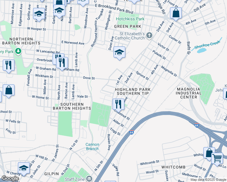 map of restaurants, bars, coffee shops, grocery stores, and more near 2004 1st Avenue in Richmond