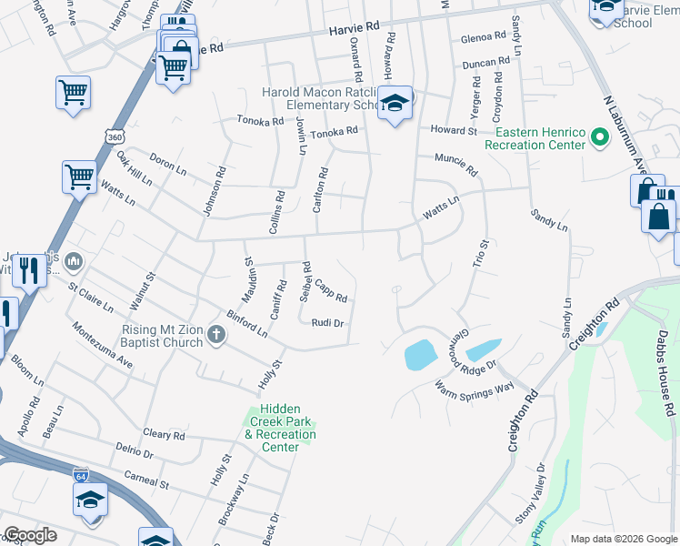 map of restaurants, bars, coffee shops, grocery stores, and more near 2906 Magnus Lane in Richmond