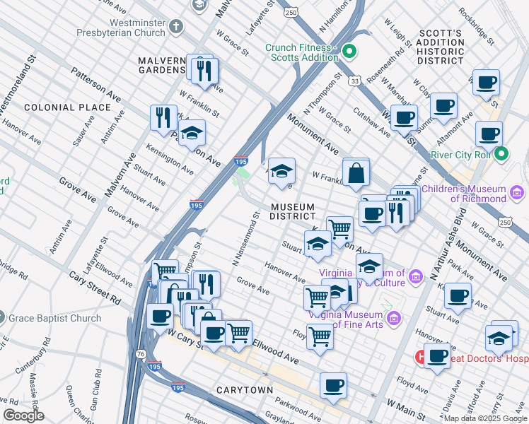 map of restaurants, bars, coffee shops, grocery stores, and more near 3425 Kensington Avenue in Richmond