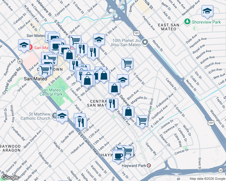 map of restaurants, bars, coffee shops, grocery stores, and more near 1002 South Delaware Street in San Mateo