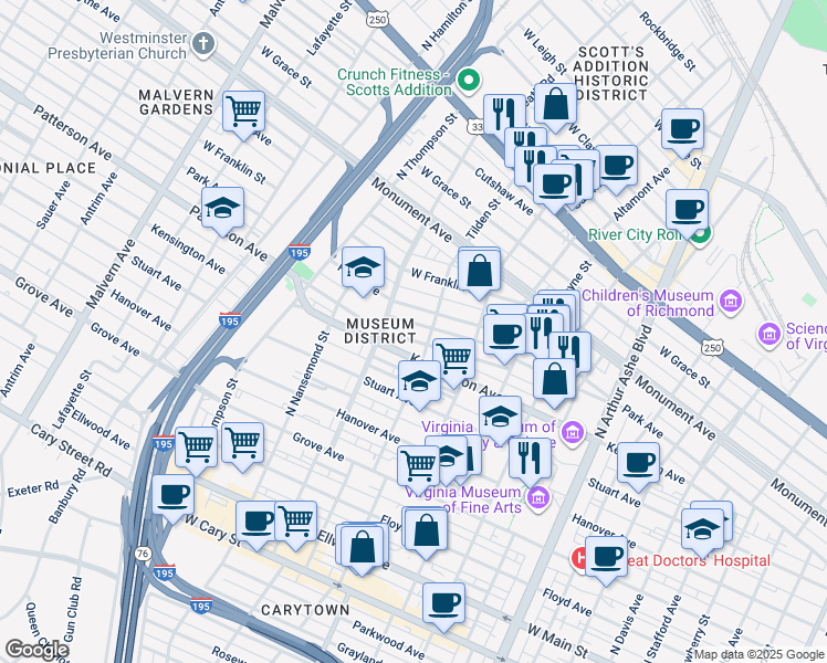 map of restaurants, bars, coffee shops, grocery stores, and more near 3314 Patterson Avenue in Richmond