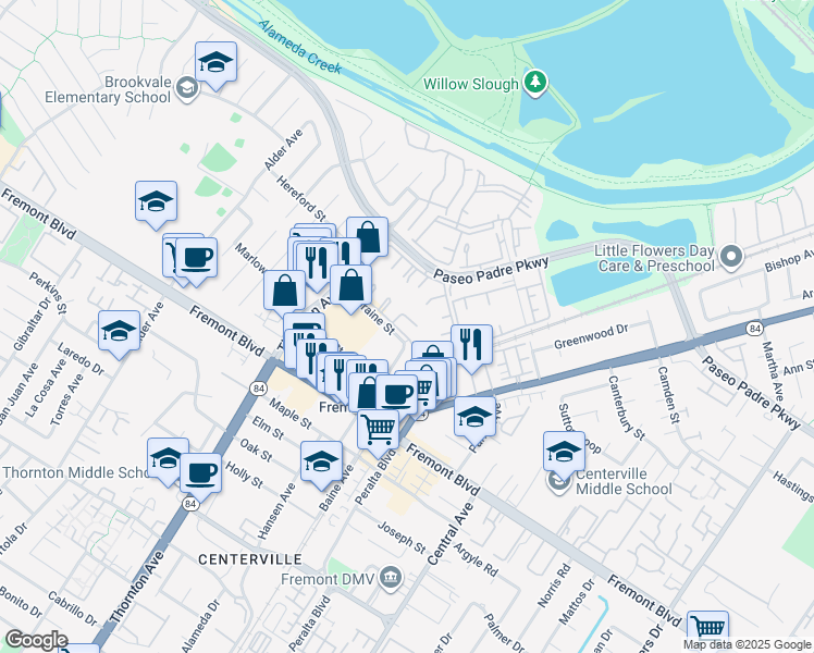 map of restaurants, bars, coffee shops, grocery stores, and more near 3514 Birchwood Terrace in Fremont