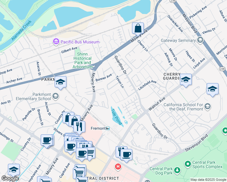 map of restaurants, bars, coffee shops, grocery stores, and more near 38806 Litchfield Circle in Fremont