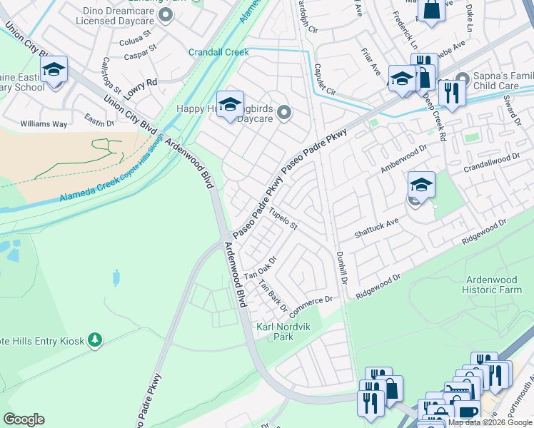 map of restaurants, bars, coffee shops, grocery stores, and more near 34143 Tupelo Street in Fremont
